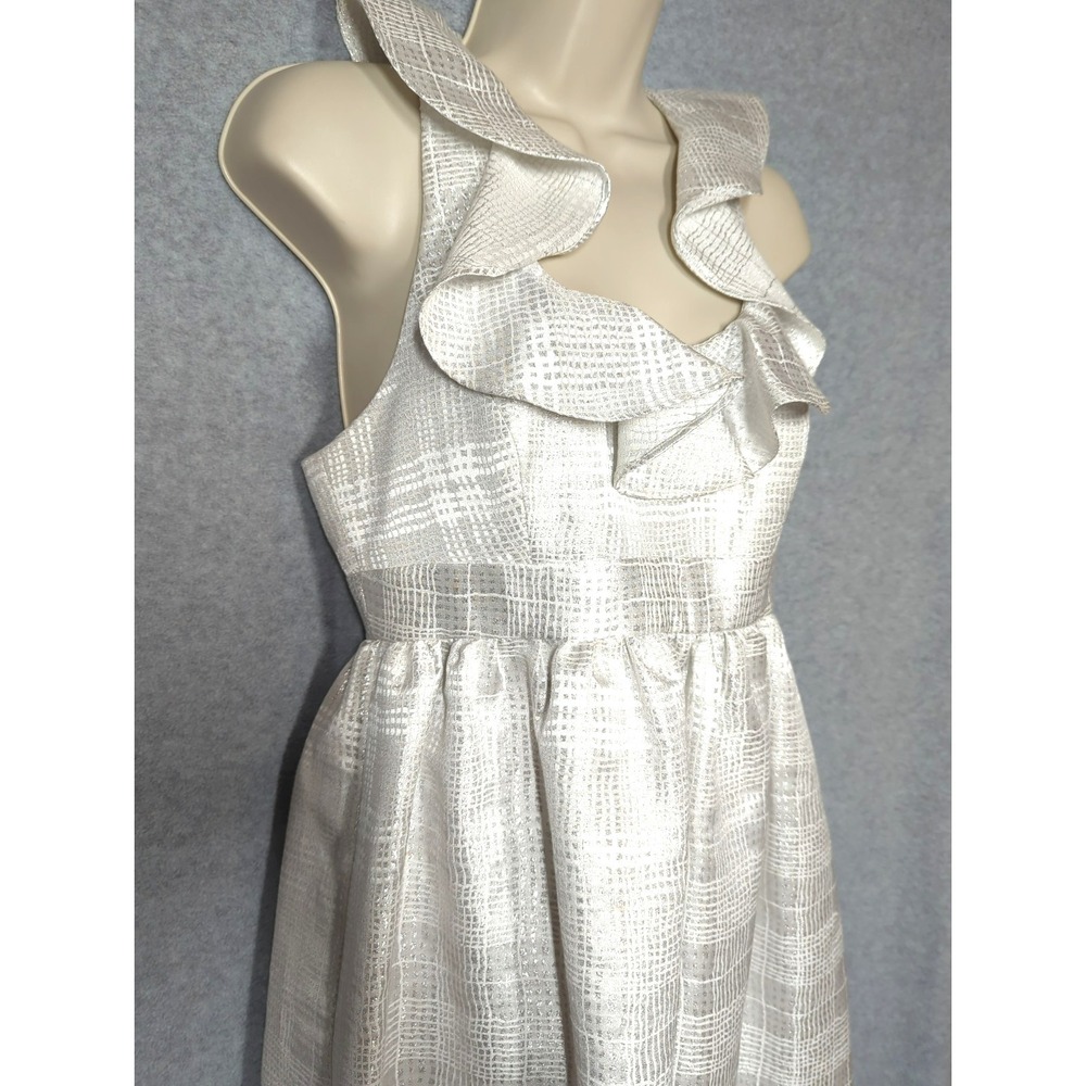New Metallic Mini Dress SZ 4 Silver Annie Griffin Empire Waist Playful Coquette